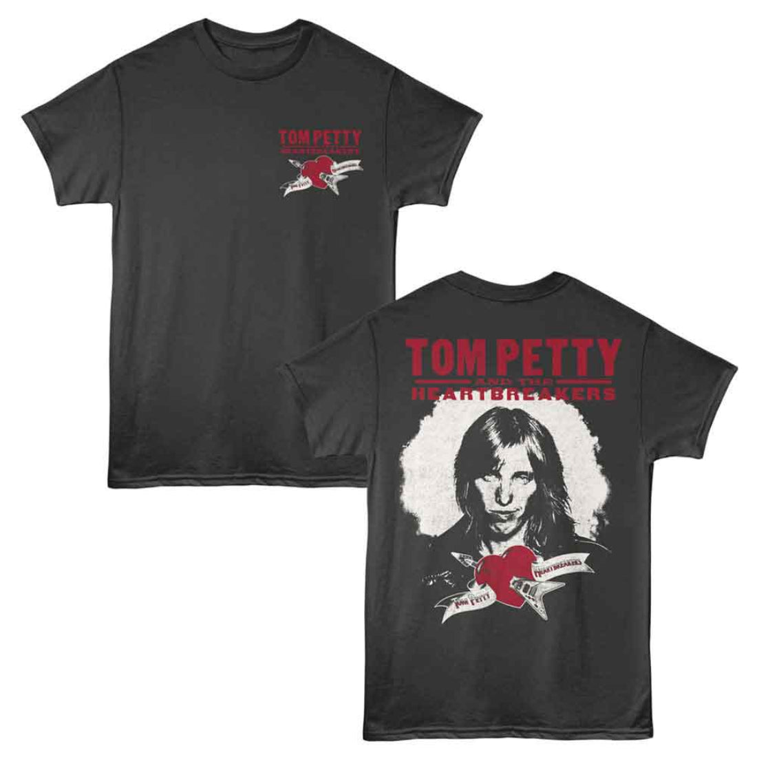Black t-shirt with Tom Petty and the Heartbreakers design on a white background