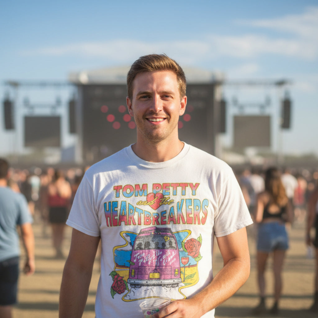 Man wearing a 'Tom Petty & the Heartbreakers' t-shirt at an outdoor event. TPH548S, TPH548M, TPH548L, TPH548XL, TPH548XXL, TPH548XXXL, TPH548XXXXL, TPH548XXXXXL