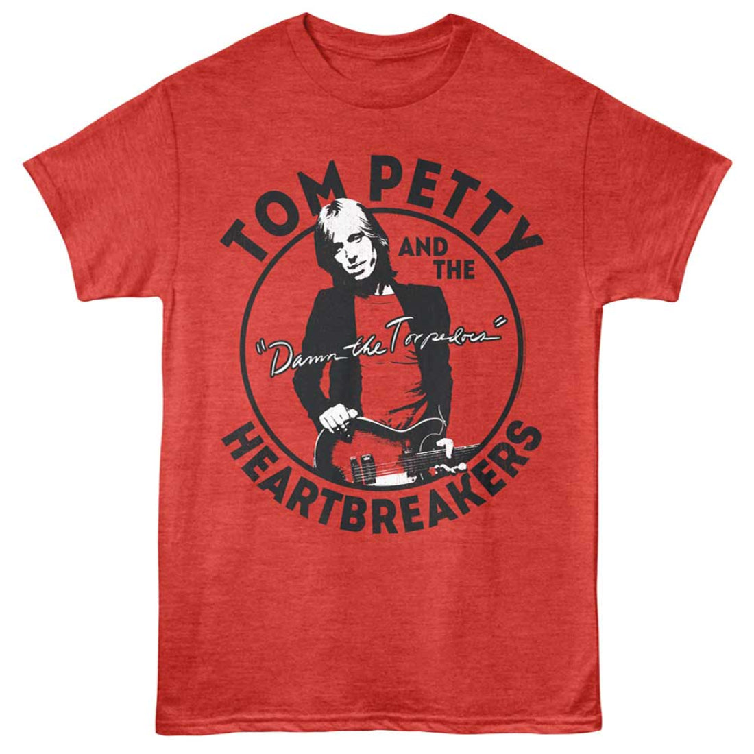 Red t-shirt with Tom Petty and the Heartbreakers graphic on a white background