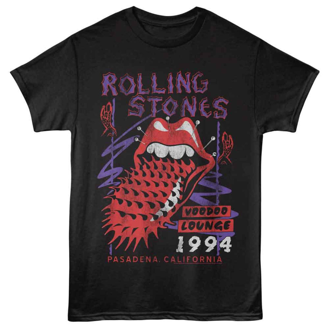 Black t-shirt with Rolling Stones graphic design featuring a tongue and lips logo.