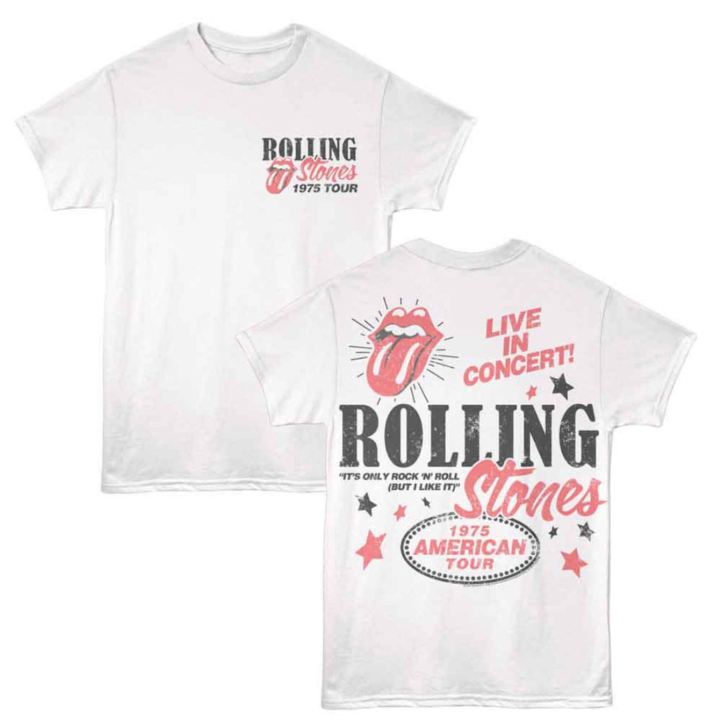 White t-shirt with Rolling Stones 1975 tour graphics on front and back