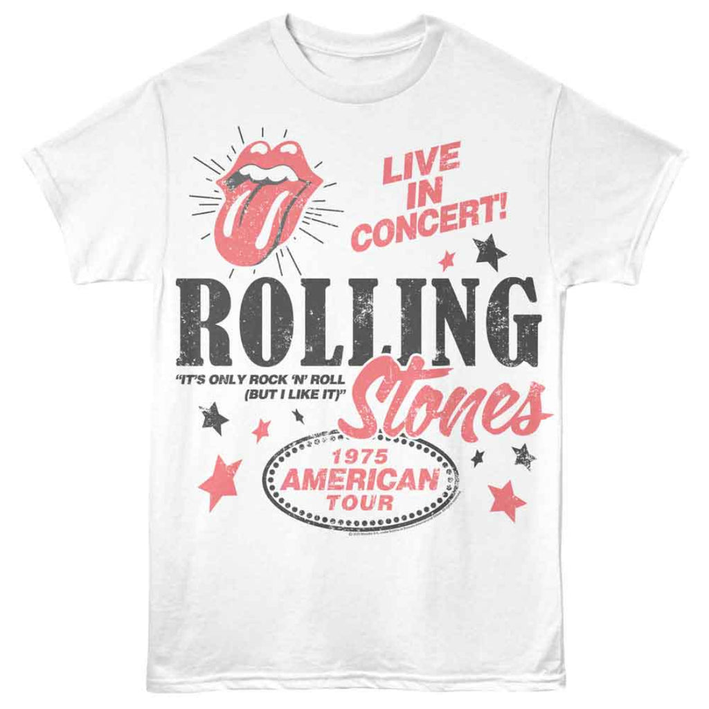 White t-shirt with Rolling Stones concert graphic and text on a white background