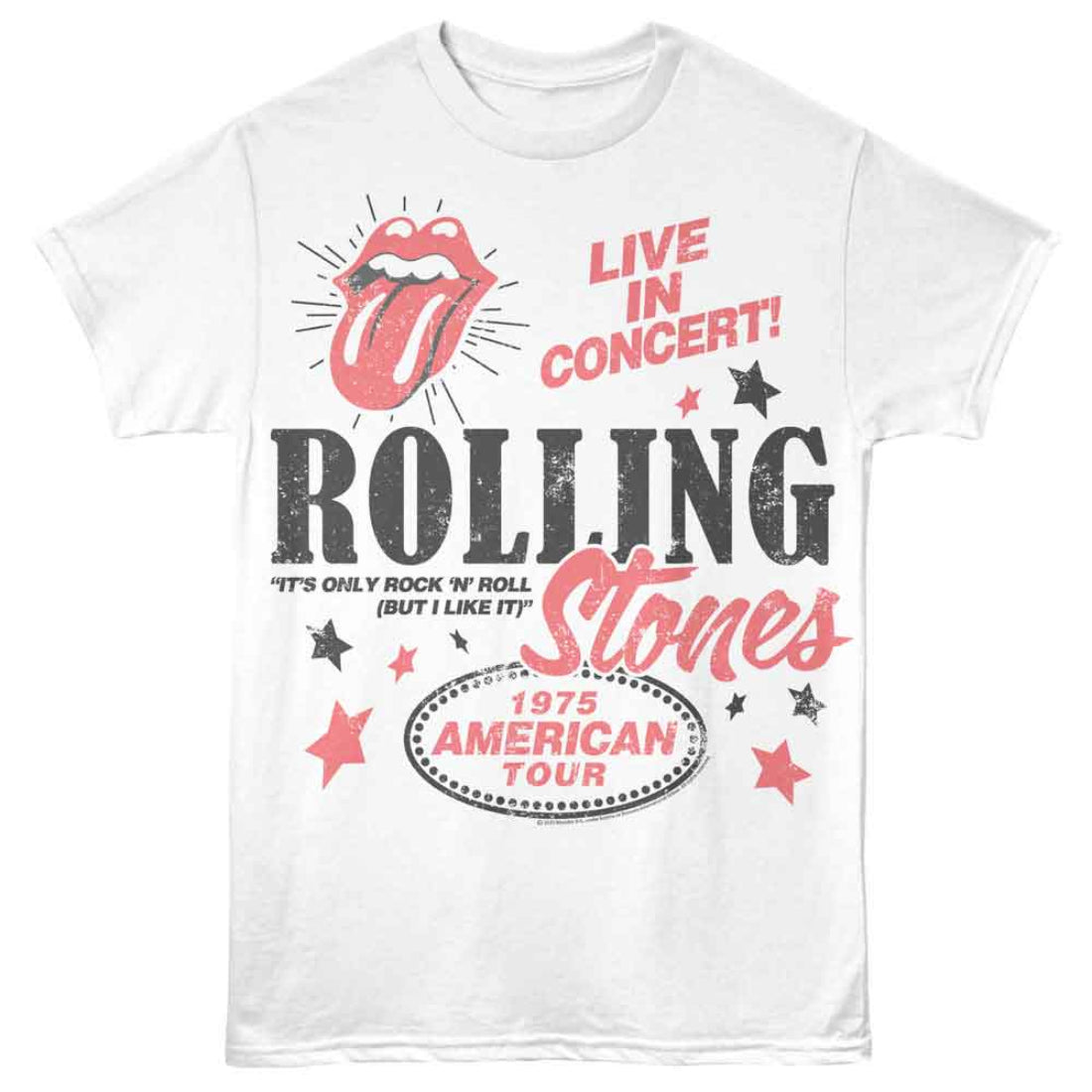 White t-shirt with Rolling Stones concert graphic and text on a white background