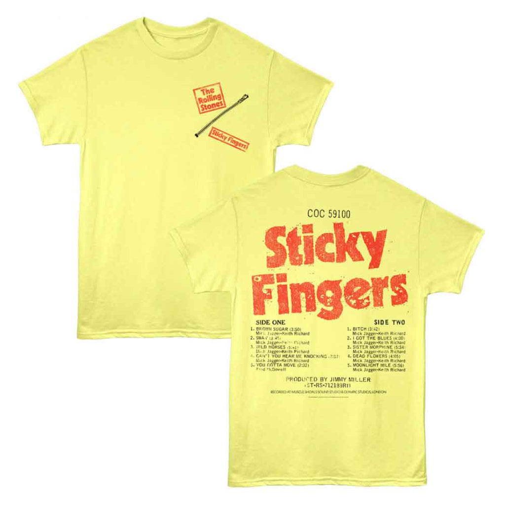 Yellow Rolling Stones t-shirt with 'Sticky Fingers' design on a white background