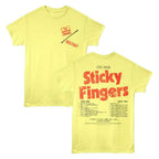 Yellow Rolling Stones t-shirt with 'Sticky Fingers' design on a white background