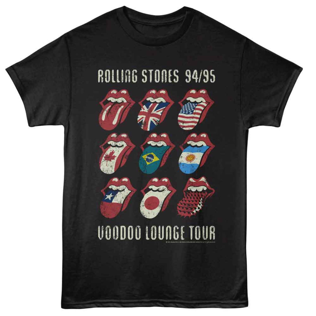Black t-shirt with Rolling Stones graphic design featuring flags and tour text.