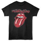 Black t-shirt with Rolling Stones logo featuring a red tongue and black background