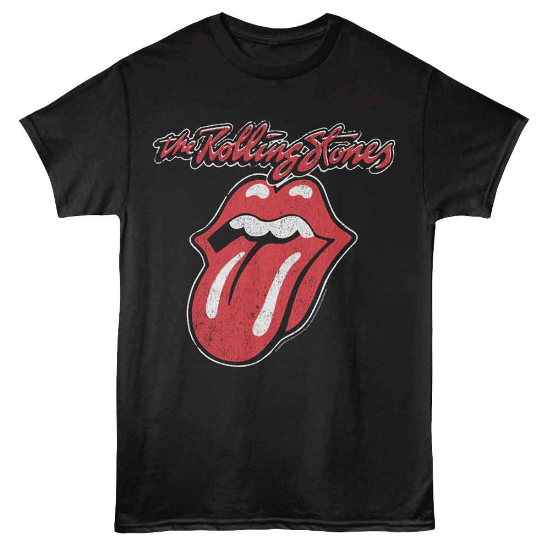 Black t-shirt with Rolling Stones logo featuring a red tongue and black background