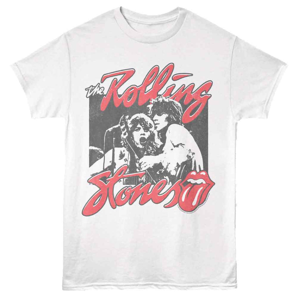 White t-shirt with 'The Rolling Stones' graphic design on a white background
