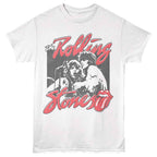 White t-shirt with 'The Rolling Stones' graphic design on a white background