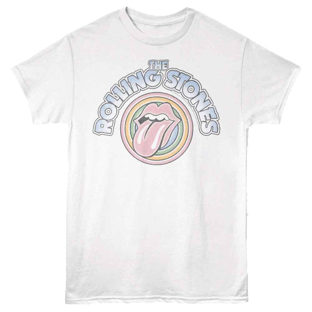 White t-shirt with Rolling Stones logo featuring a tongue and rainbow design on a white background