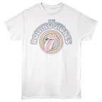 White t-shirt with Rolling Stones logo featuring a tongue and rainbow design on a white background