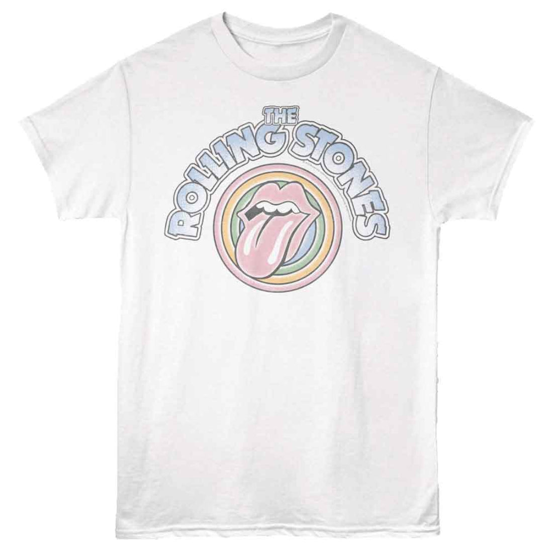 White t-shirt with Rolling Stones logo featuring a tongue and rainbow design on a white background