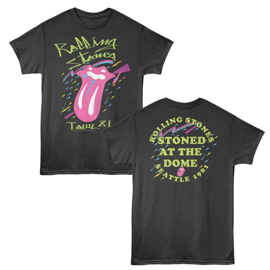 Black t-shirt with Rolling Stones logo and text on front and back