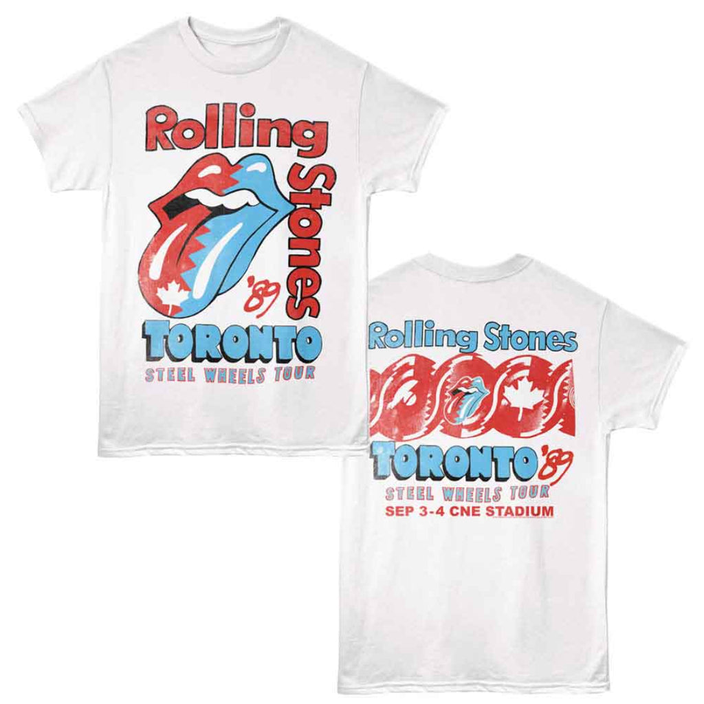 White t-shirt with Rolling Stones Toronto Steel Wheels Tour design on a white background
