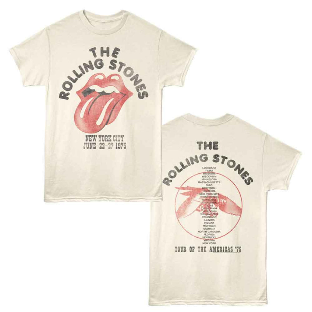 Two sides of a Rolling Stones t-shirt with graphic design and text.