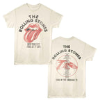Two sides of a Rolling Stones t-shirt with graphic design and text.