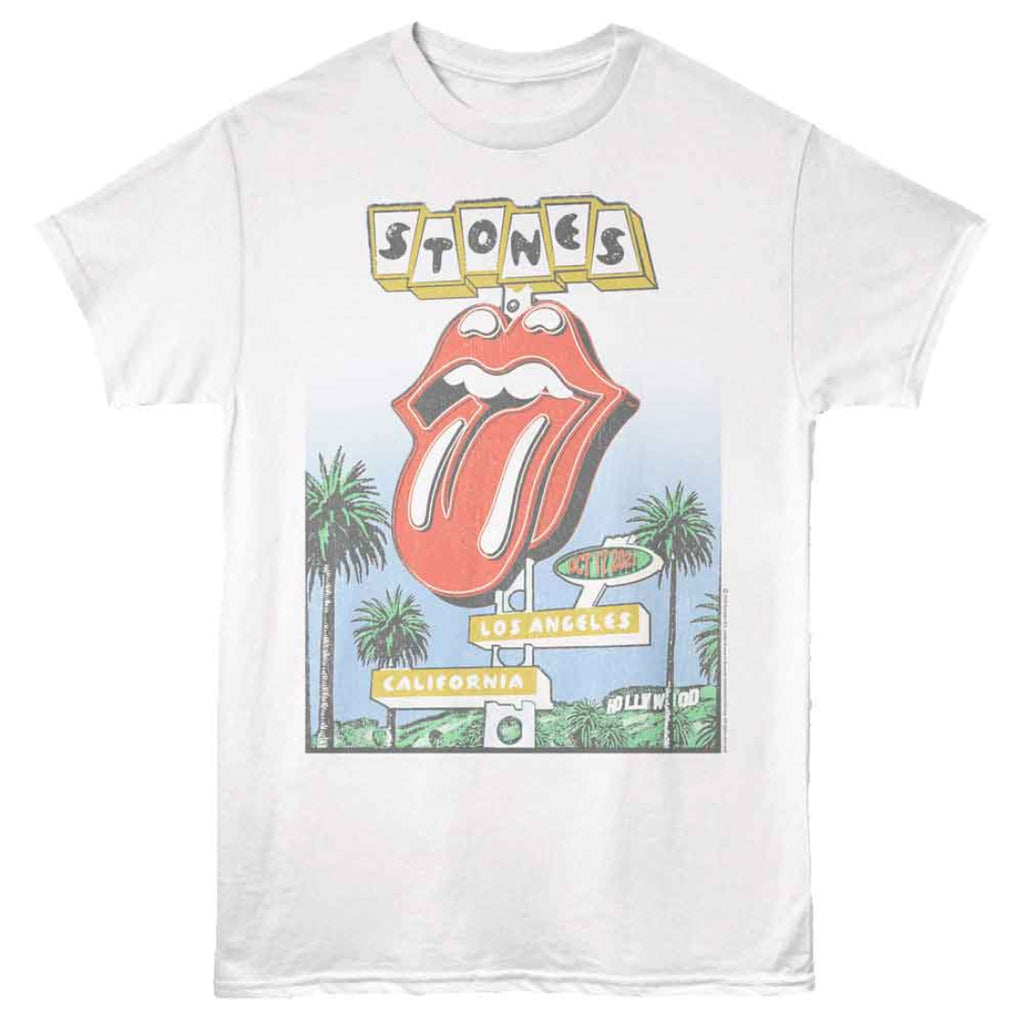 White t-shirt with Rolling Stones graphic design featuring a tongue and palm trees.