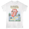 White t-shirt with Rolling Stones graphic design featuring a tongue and palm trees.