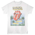 White t-shirt with Rolling Stones graphic design featuring a tongue and palm trees.