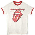 White ringer t-shirt with red accents featuring the Rolling Stones logo on a white background 