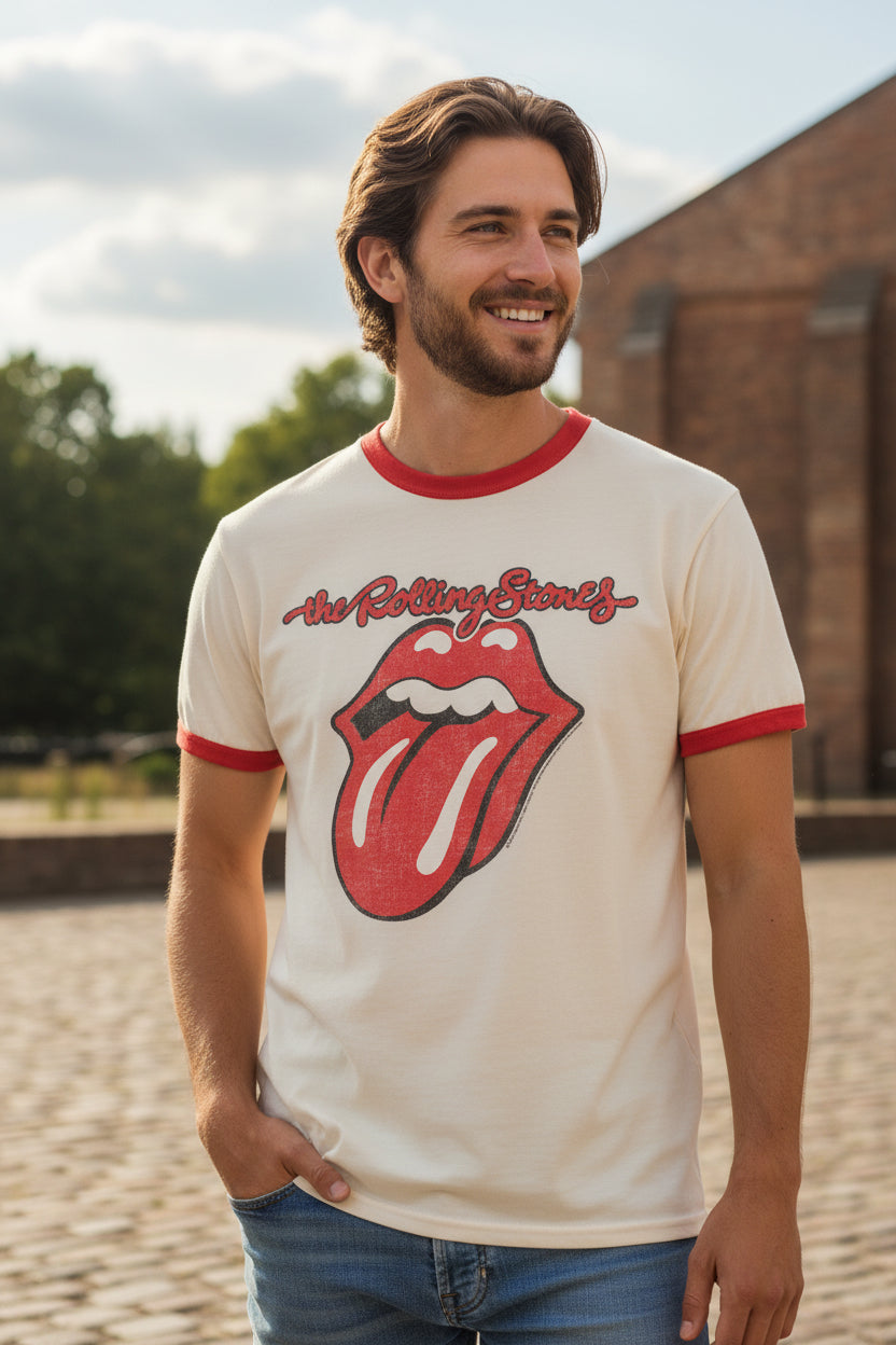 Man wearing a Rolling Stones t-shirt outdoors with a brick building and trees in the background TRS539-211S, TRS539-211M, TRS539-211L, TRS539-211XL, TRS539-211XXL