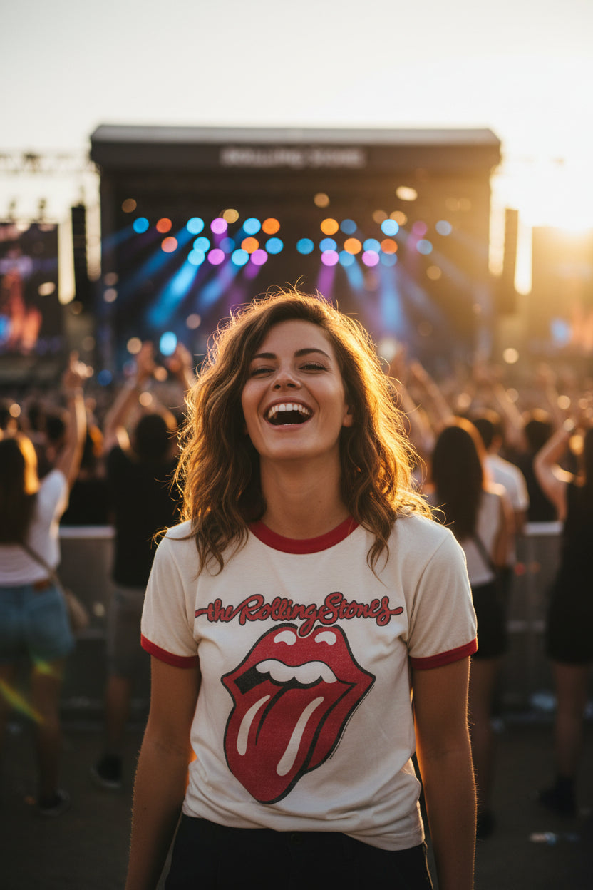 WOMAN wearing a Rolling Stones t-shirt at a concert with colorful lights in the background TRS539-211S, TRS539-211M, TRS539-211L, TRS539-211XL, TRS539-211XXL