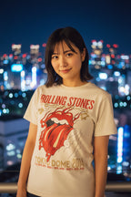 woman wearing Rolling Stones t-shirt with red graphic and text TRS540S, TRS540M, TRS540L, TRS540XL, TRS540XXL, TRS540XXXL, TRS540XXXXL