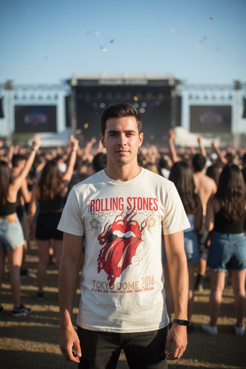 man wearing Rolling Stones t-shirt with red graphic and text on a beige background TRS540S, TRS540M, TRS540L, TRS540XL, TRS540XXL, TRS540XXXL, TRS540XXXXL