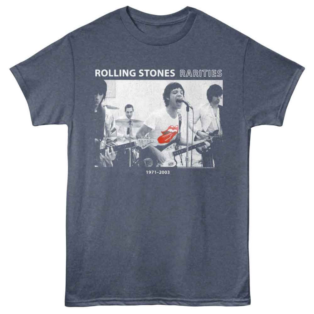 Blue t-shirt with Rolling Stones graphic and text on a white background