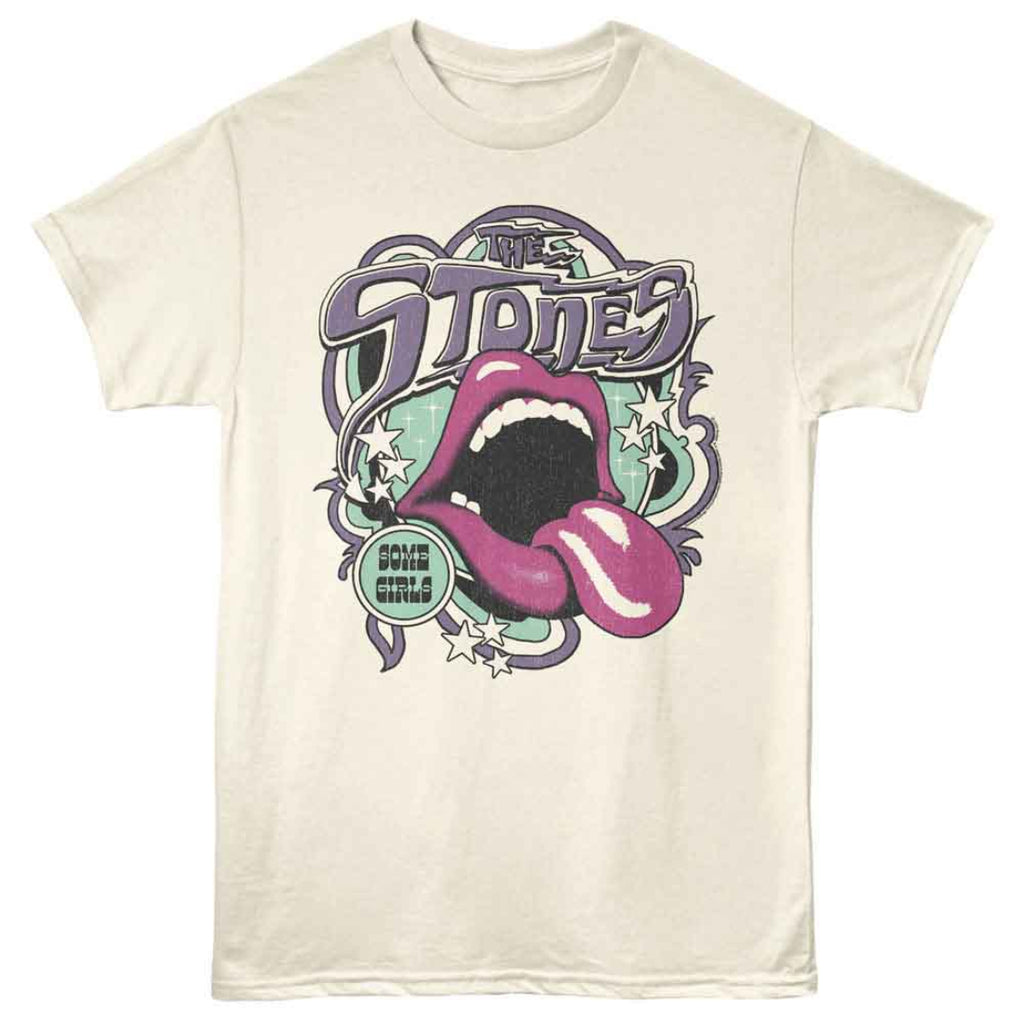 Beige t-shirt with a graphic design of a tongue and 'The Stones' text on a white background
