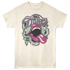 Beige t-shirt with a graphic design of a tongue and 'The Stones' text on a white background