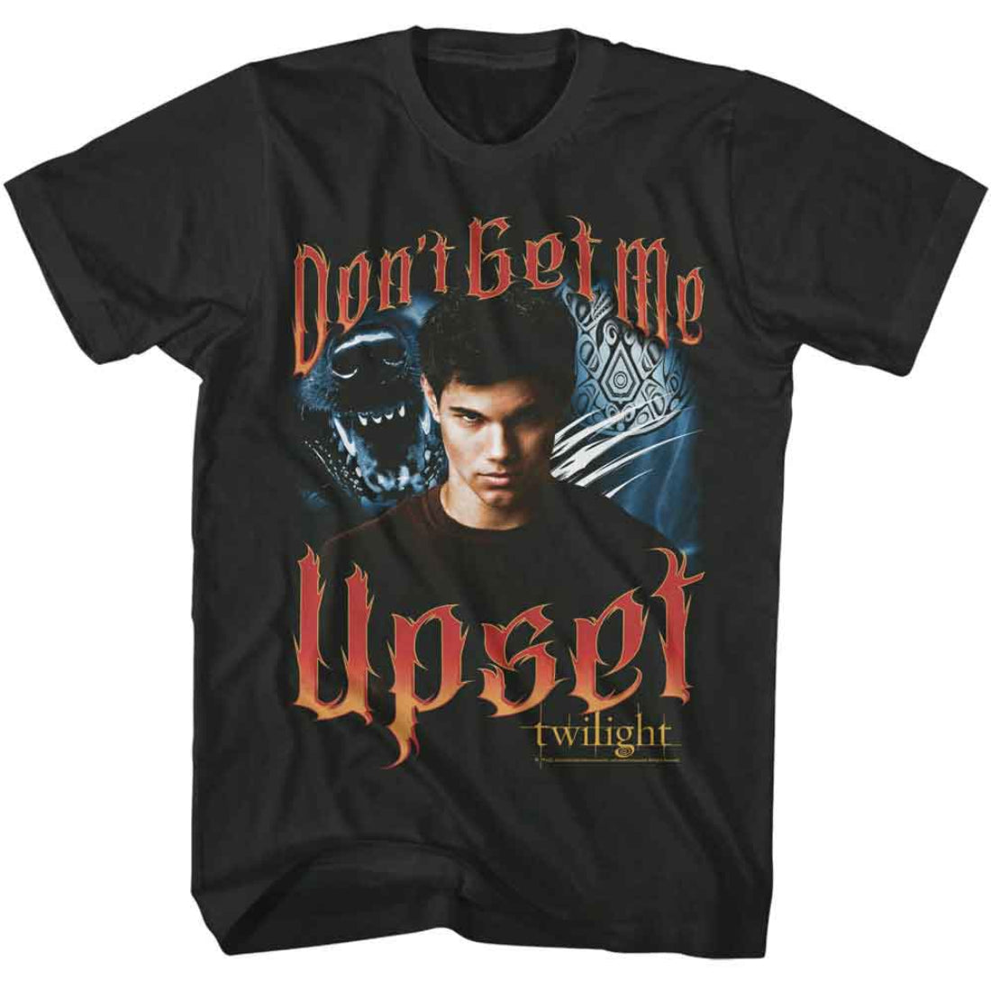 Black t-shirt with 'Don't Get Me Upset' graphic and 'Twilight' text on a white background