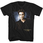 Black t-shirt with a graphic of a person and 'The Twilight Saga' text on a white background