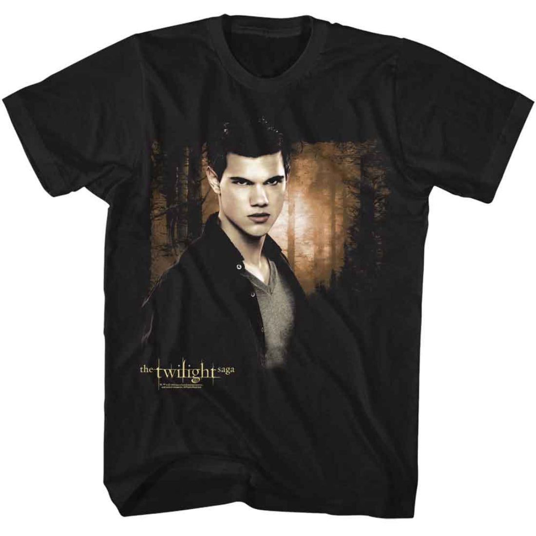 Black t-shirt with a graphic of a character from 'The Twilight Saga' on a white background