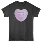 Black Twilight t-shirt with a purple heart-shaped candy design and 'Jacob Black' text on a white background