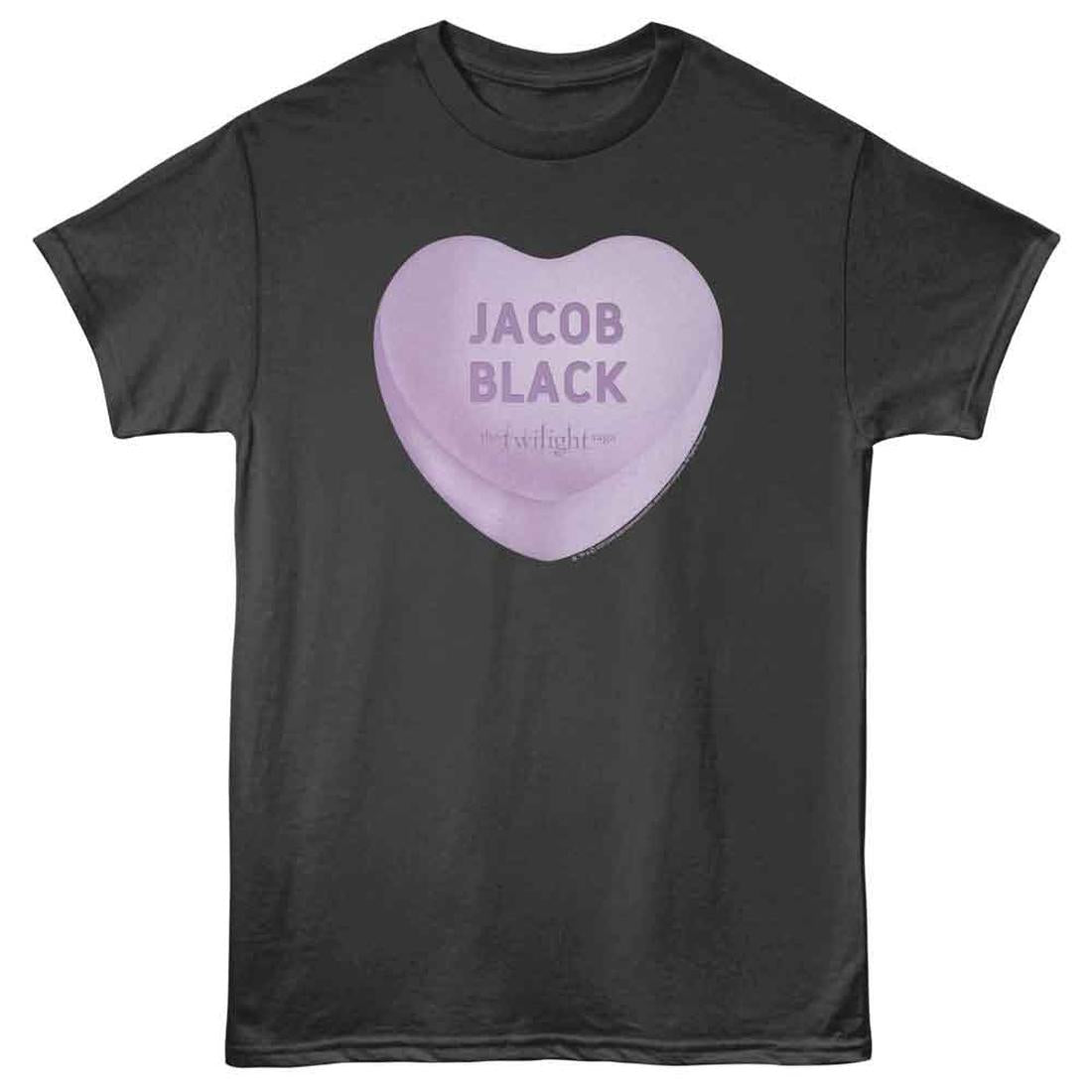 Black Twilight t-shirt with a purple heart-shaped candy design and 'Jacob Black' text on a white background
