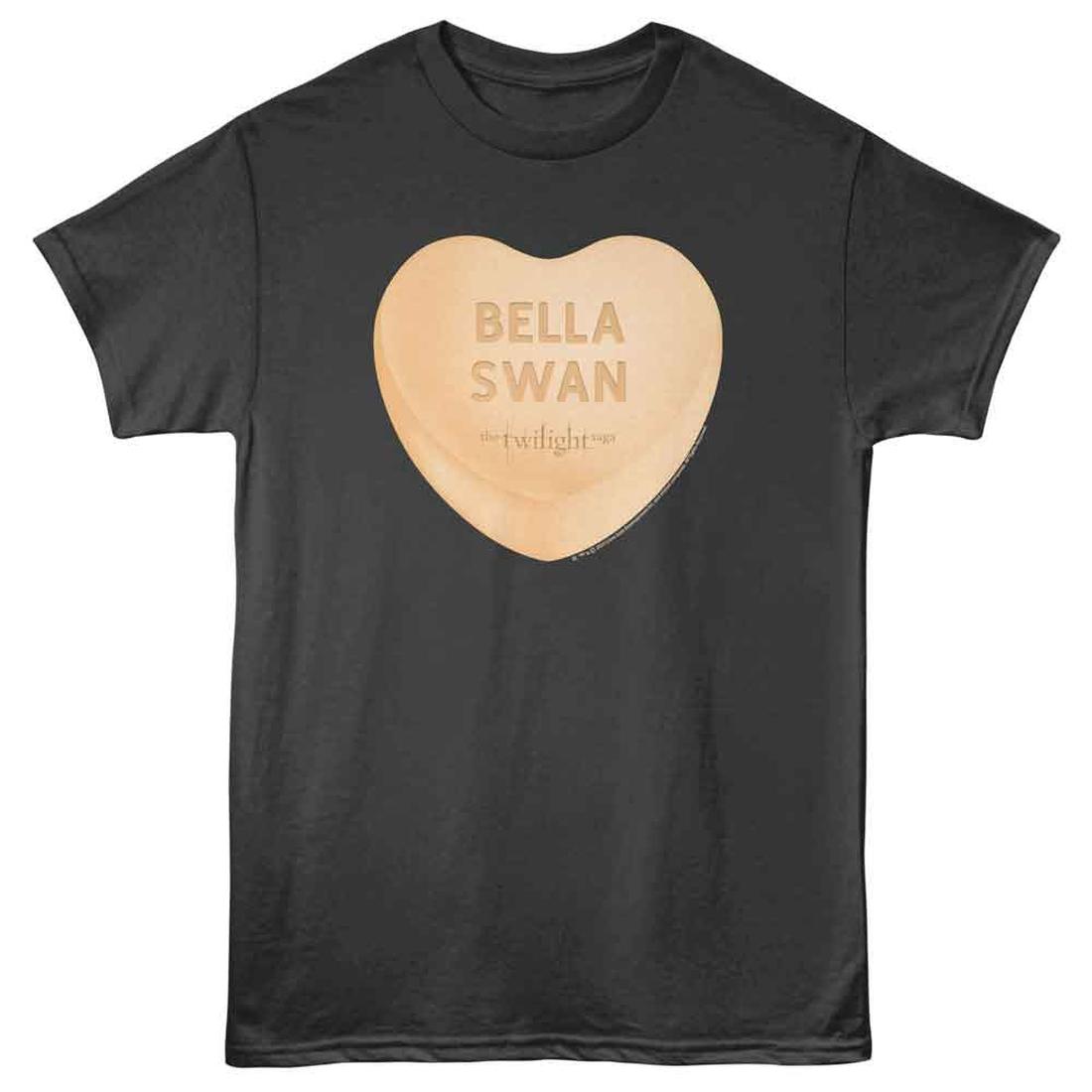 Black Twilight t-shirt with a heart-shaped candy design and 'Bella Swan' text on a white background