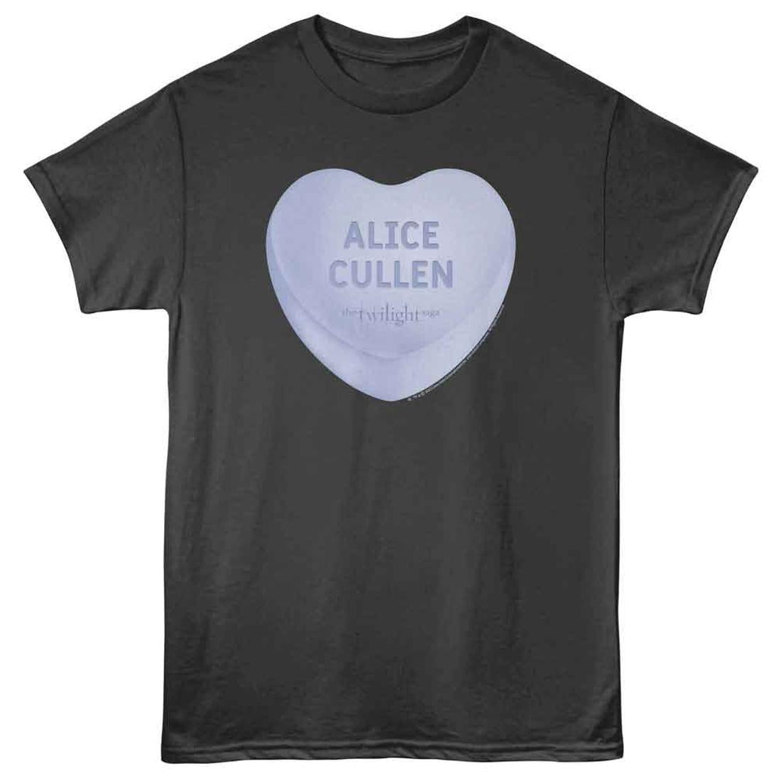 Black  Twilight t-shirt with a light blue heart-shaped candy design featuring 'Alice Cullen' on a white background.
