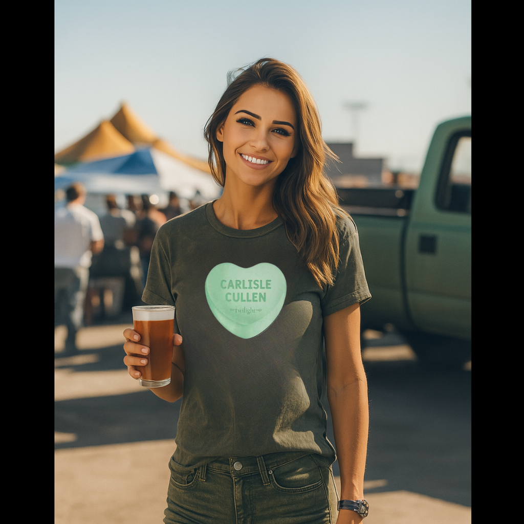 Woman holding a drink and wearing a TWILIGHT t-shirt with a heart design TWI5122S, TWI5122M, TWI5122L, TWI5122XL, TWI5122XXL