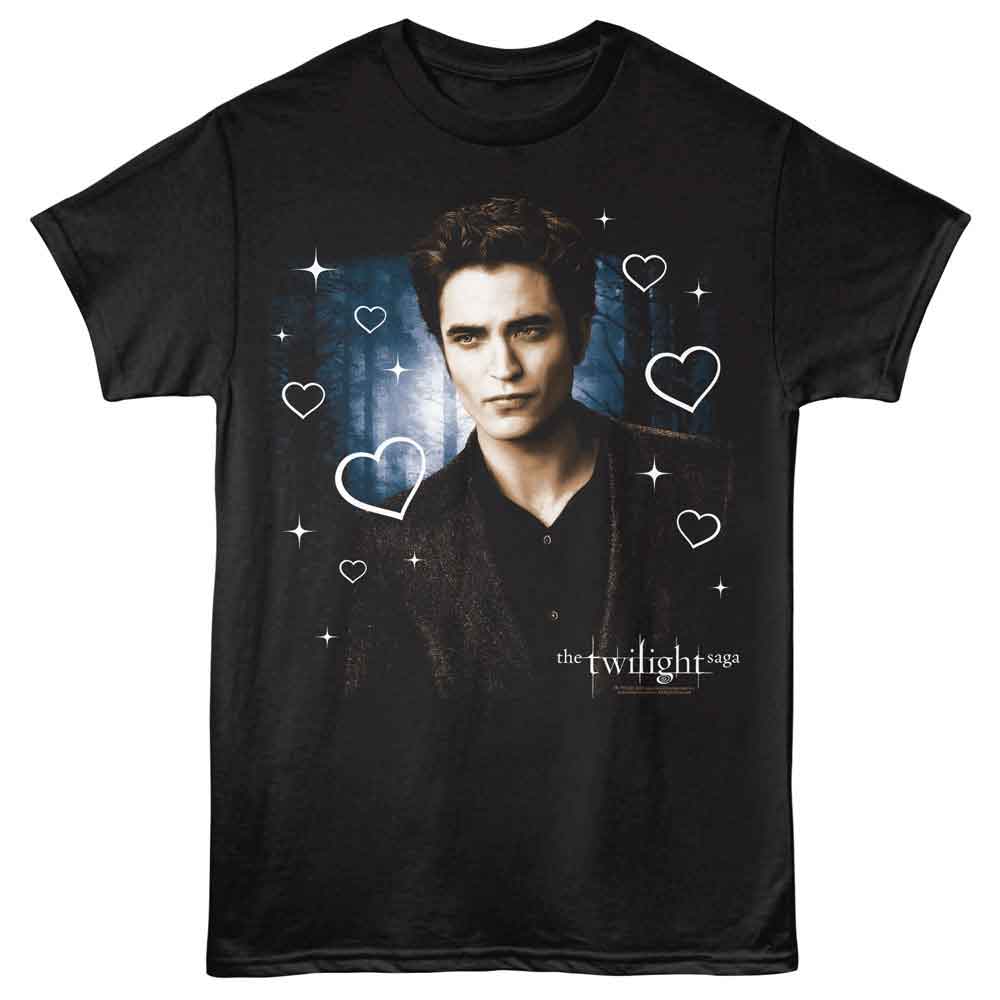 Black t-shirt with a graphic of a character from 'The Twilight Saga' and heart shapes.
