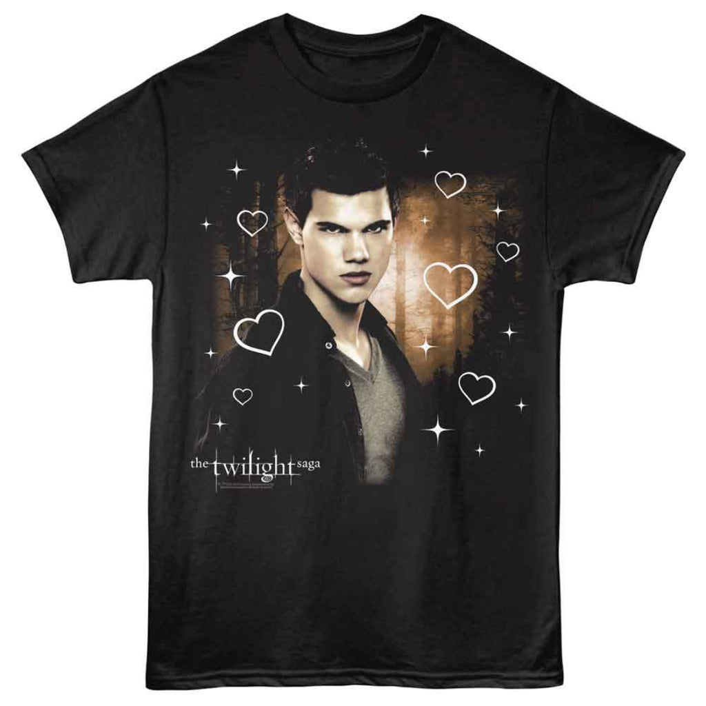 Black t-shirt with 'The Twilight Saga' design featuring a character with hearts and stars.