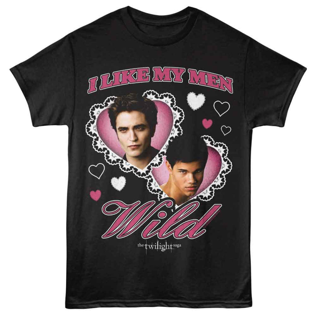 Black t-shirt with 'I Like My Men Wild' design featuring two faces and hearts, inspired by 'The Twilight Saga'.