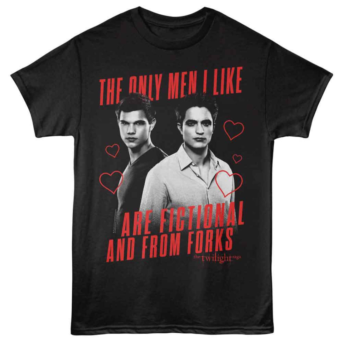 Black Twilight  t-shirt with 'The Only Men I Like Are Fictional And From Forks' text and character images on a white background