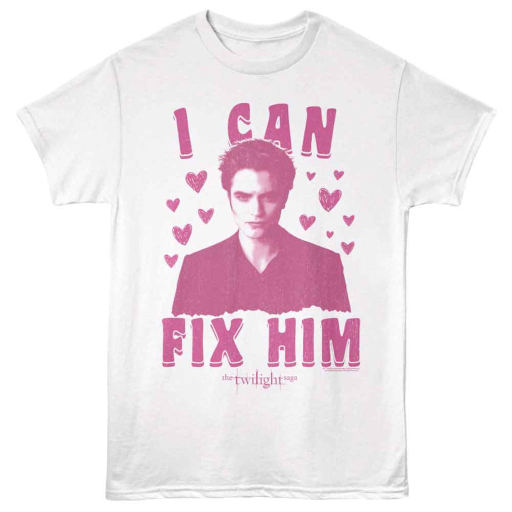 White t-shirt with pink graphic and text 'I Can Fix Him' from 'The Twilight Saga' on a white background