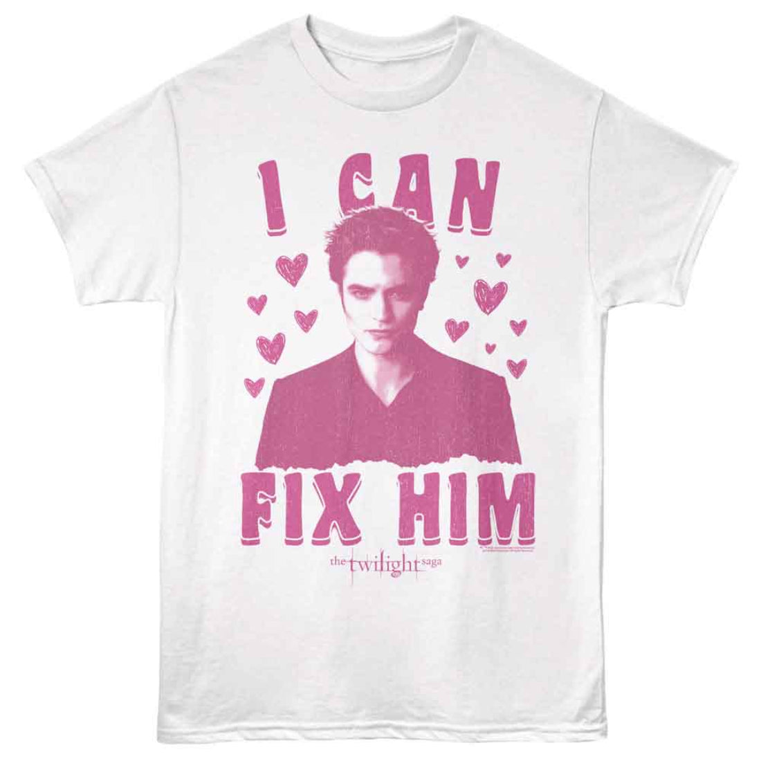 White t-shirt with pink graphic and text 'I Can Fix Him' from 'The Twilight Saga' on a white background
