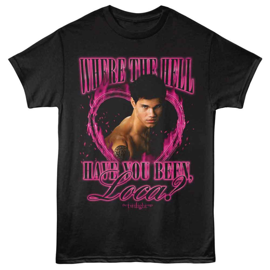 Black Twilight t-shirt with a graphic of a shirtless man and pink text on a white background