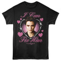 Black Twilght  t-shirt with a graphic of a person surrounded by hearts and text, on a white background.