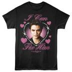 Black Twilght  t-shirt with a graphic of a person surrounded by hearts and text, on a white background.