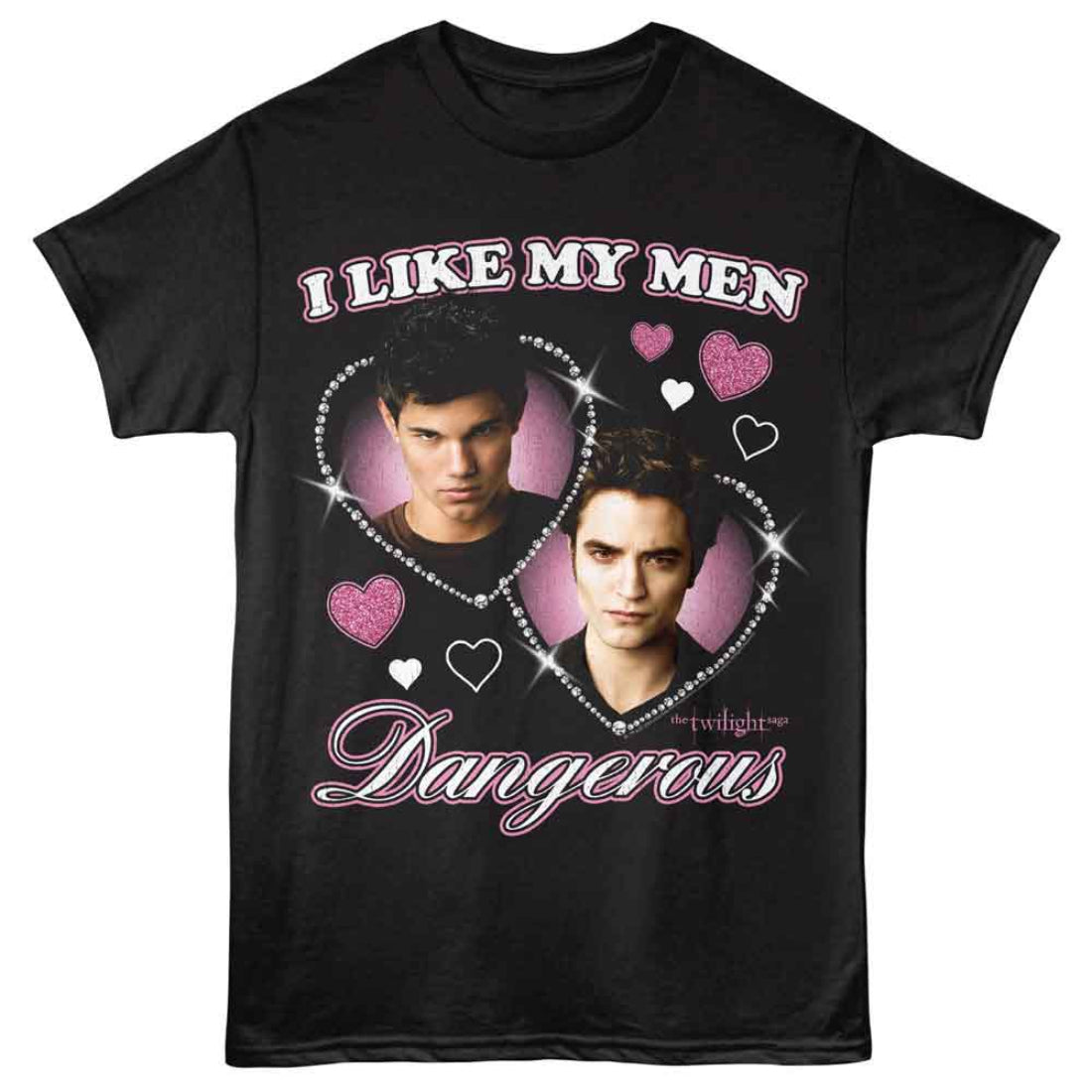 Black t-shirt with 'I Like My Men Dangerous' text and character images, inspired by Twilight series.